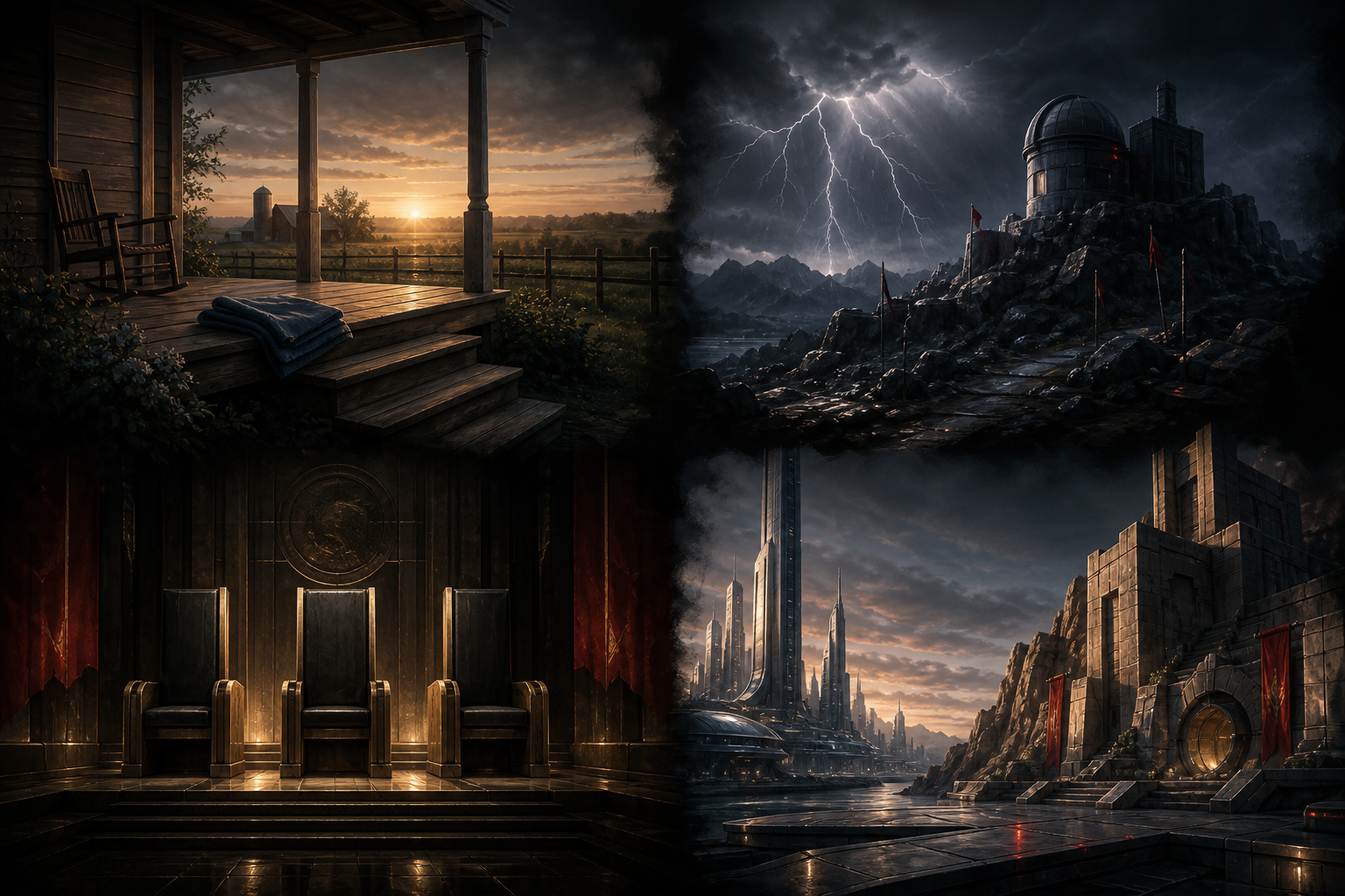 Four-panel editorial illustration showing a farmhouse porch, lightning over an observatory, three empty thrones, and two futuristic cities facing one another.