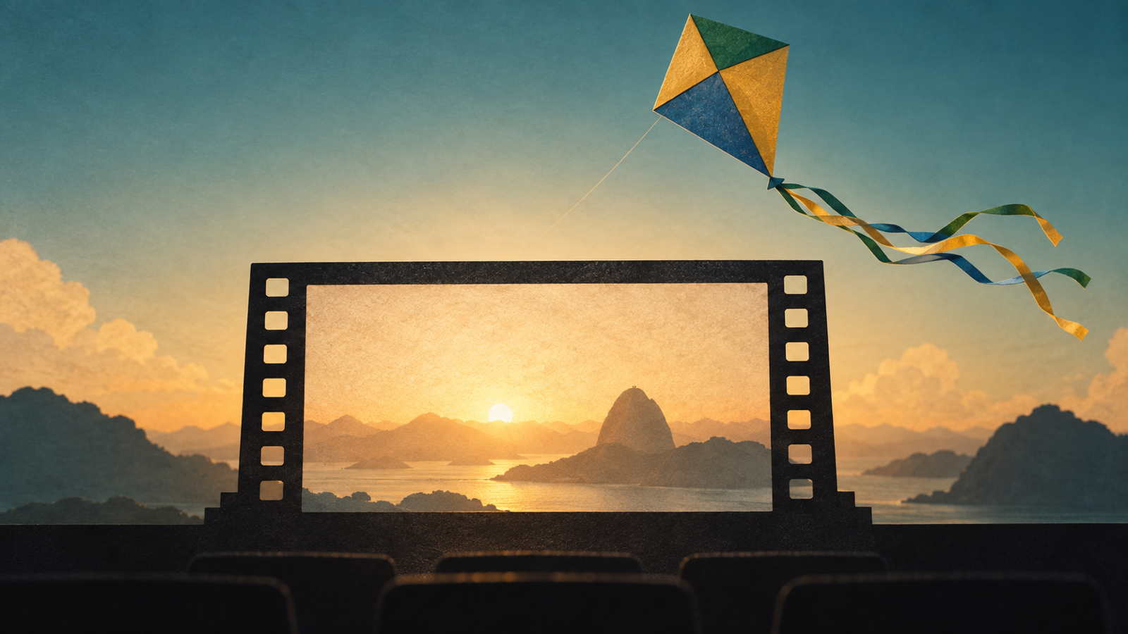 Pipa artesanal sobe diante da silhueta de uma tela de cinema iluminada.