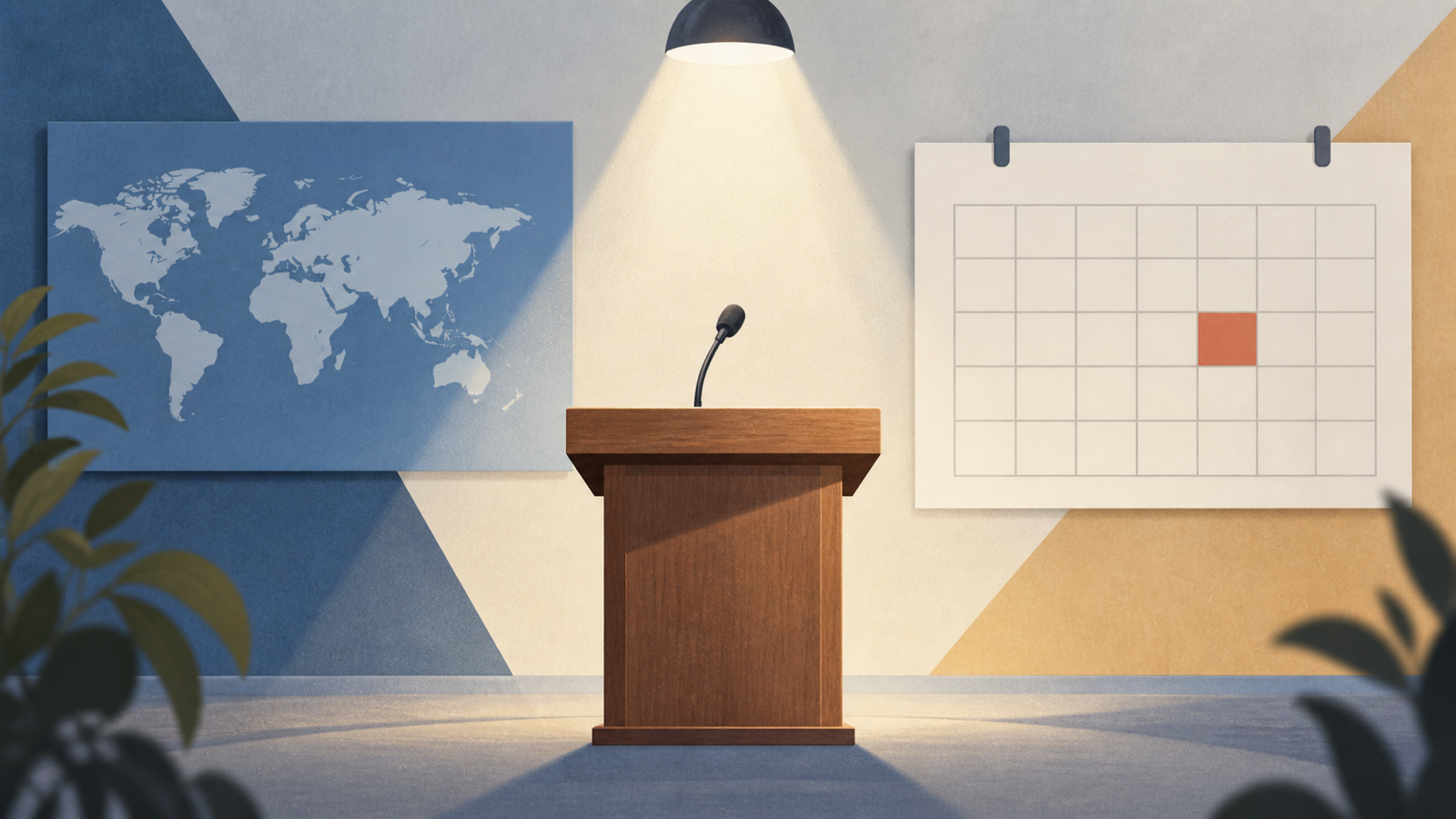 Abstract press-room scene with two geometric panels and one highlighted day in a calendar grid, representing an official product announcement without depicting a branded device.