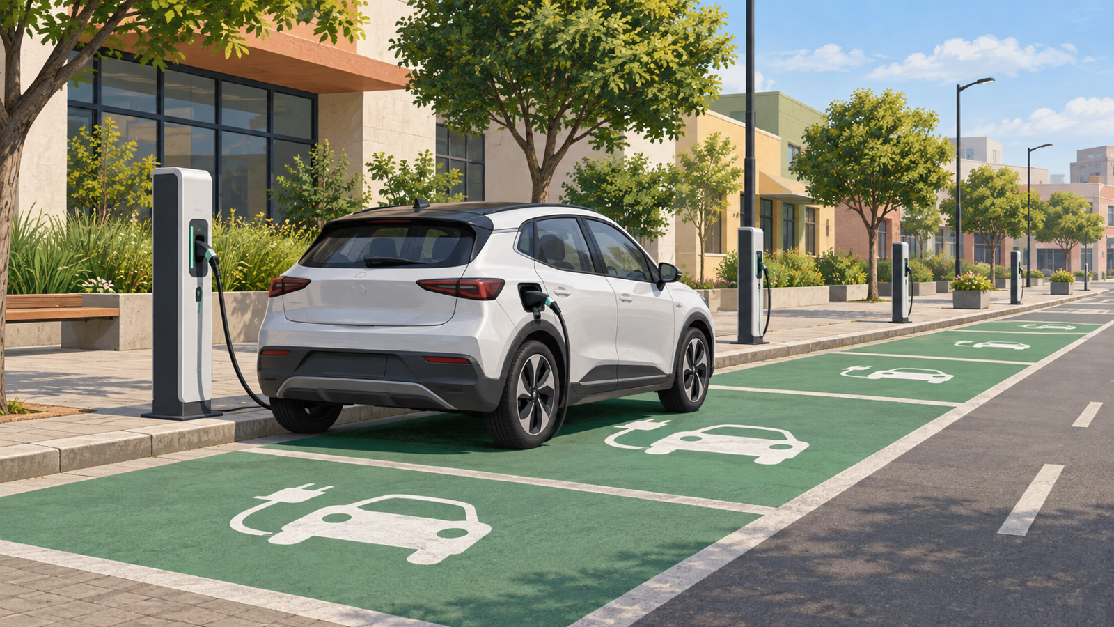 A municipal parking bay with an electric vehicle connected to a compact charger in São José dos Campos, represented as an accessible static scene.