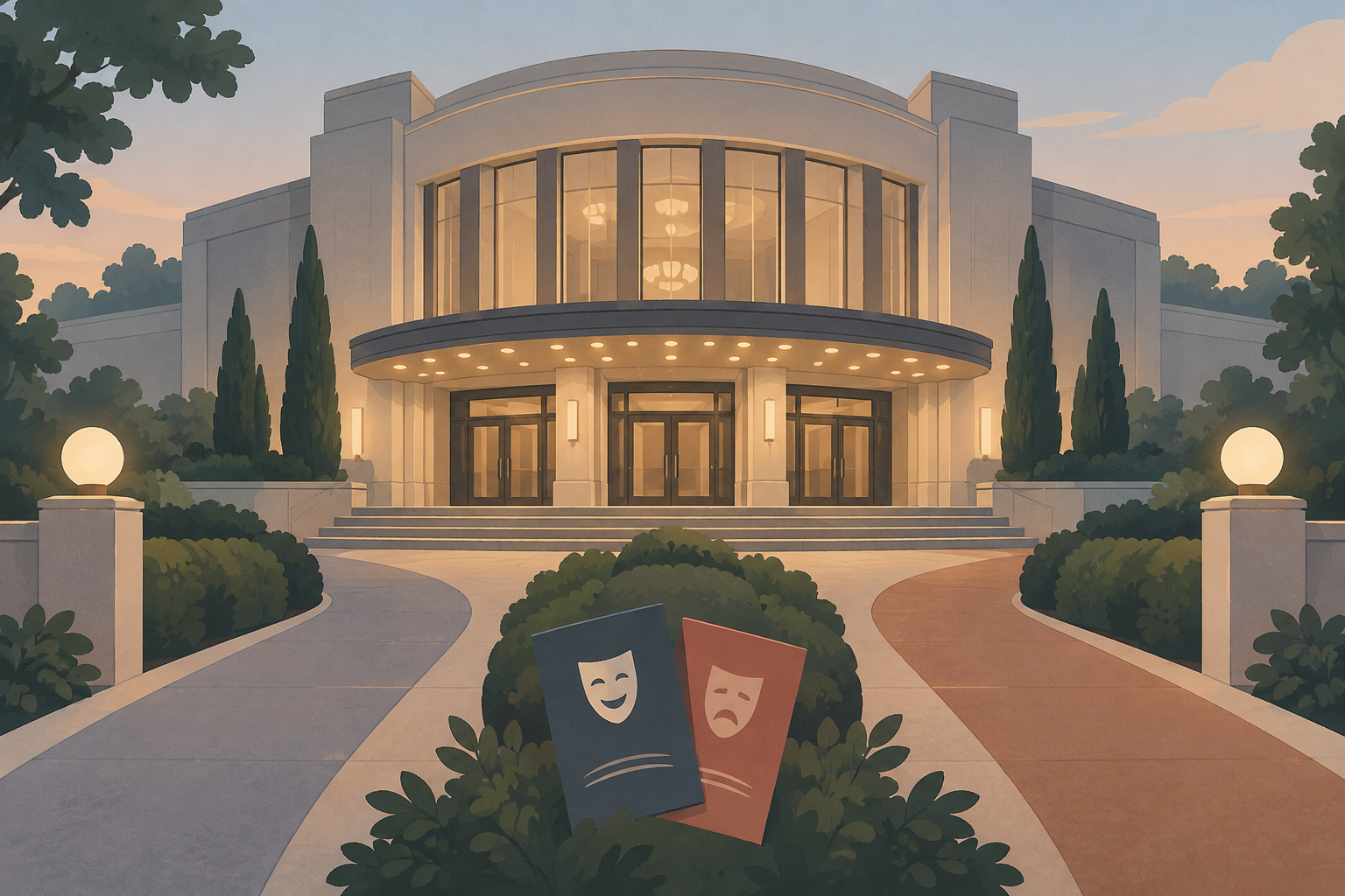 A calm, unmarked theatre exterior with two abstract entrance paths and a simple program-card shape.