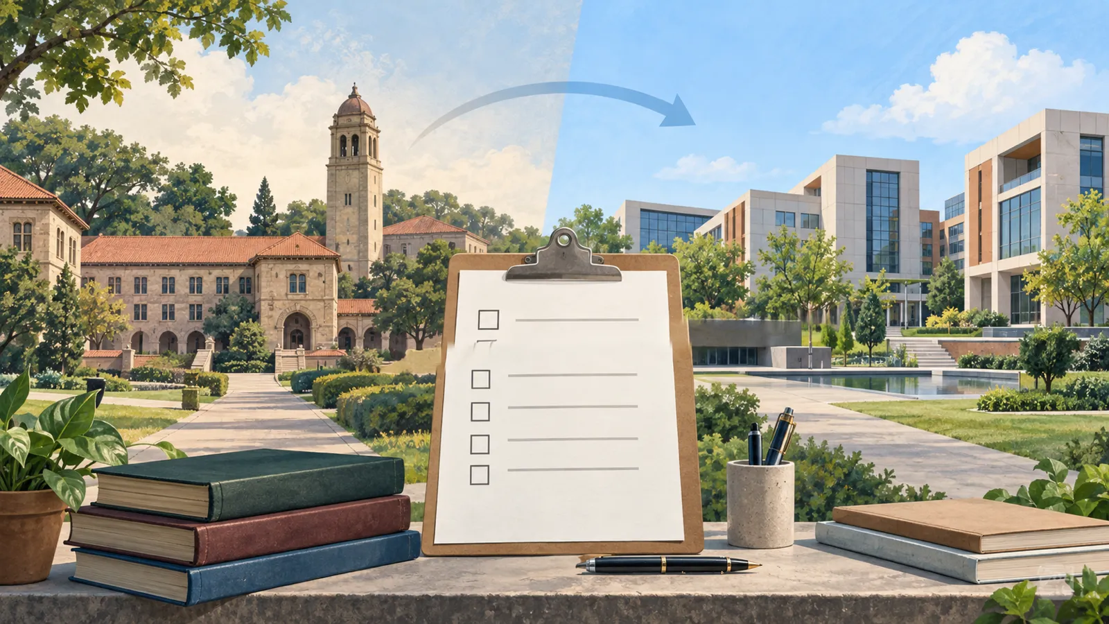 An Indian higher-education campus beside a survey clipboard and two grouped sets of university buildings, representing the reported institutional record.
