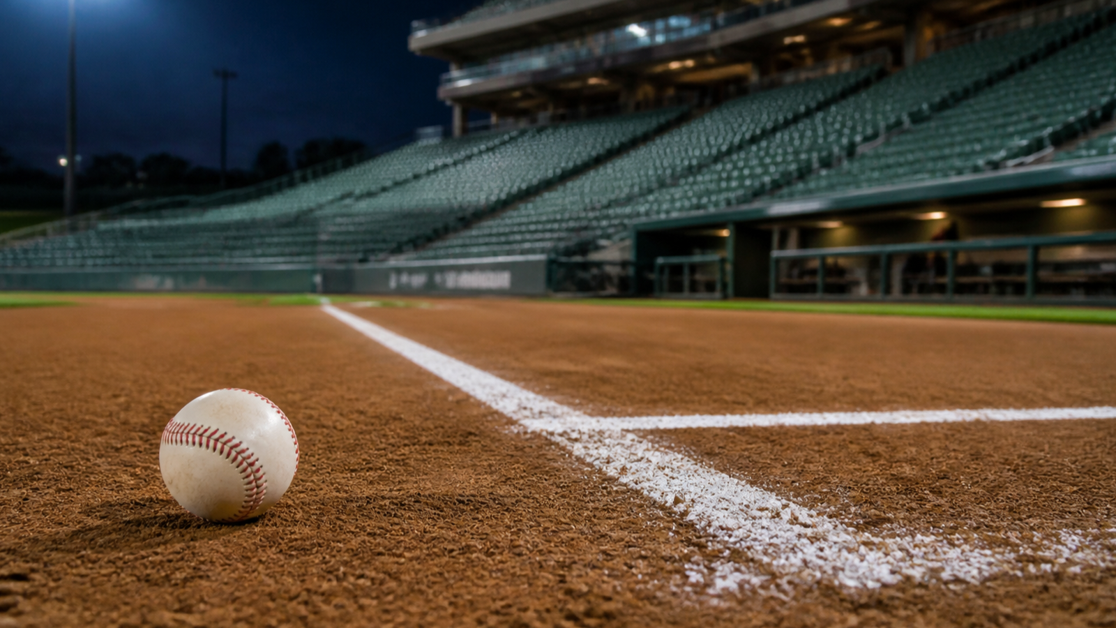 A baseball beside the home-plate line on a quiet infield evokes the confirmed SSG 13–6 victory over Hanwha at Incheon SSG Landers Field.