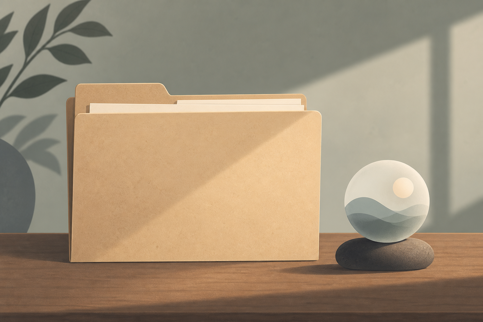A restrained archival folder and a single abstract memory marker on a muted background.