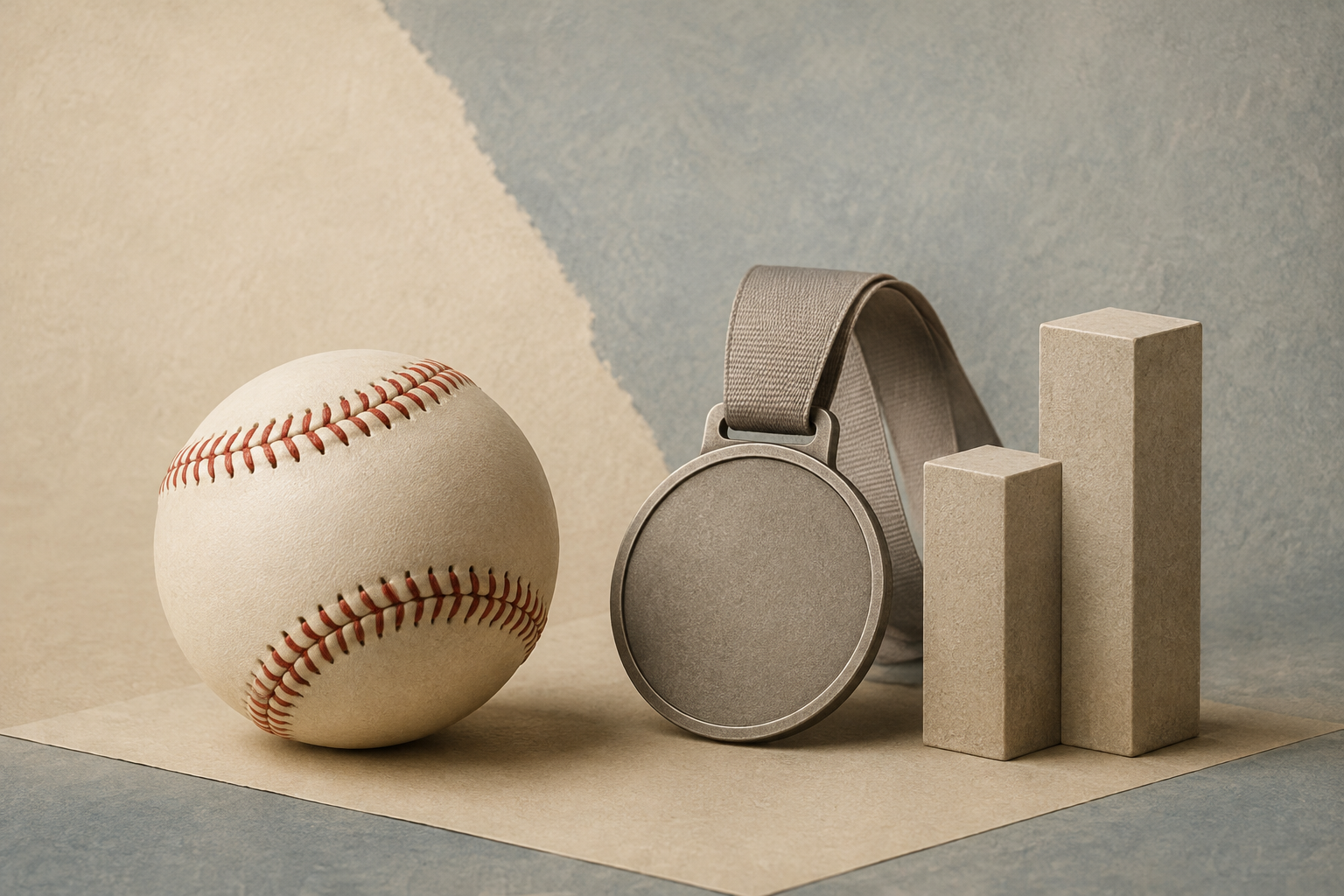 An unmarked baseball rests beside a neutral medal form and two ascending geometric markers.