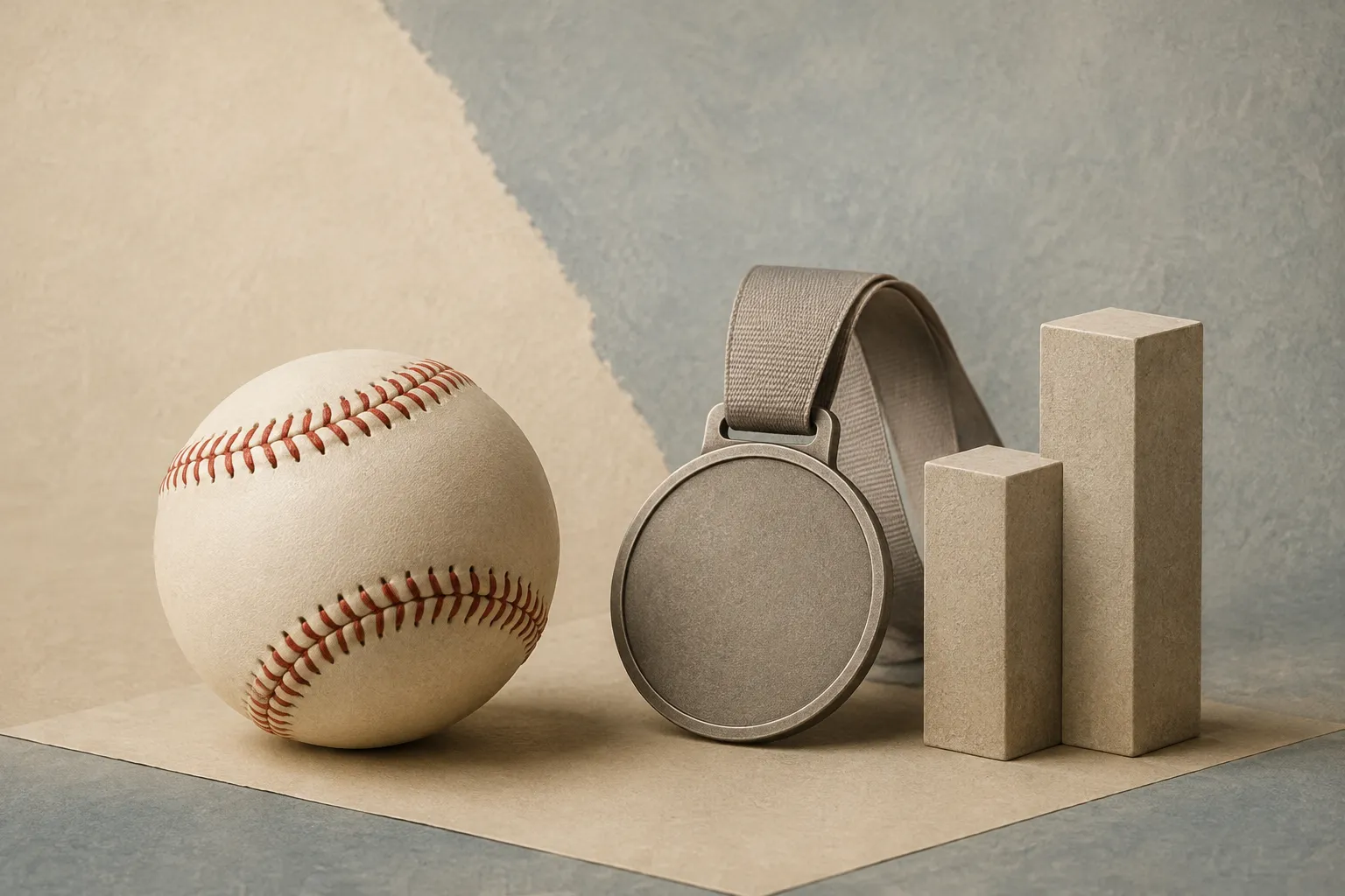 An unmarked baseball rests beside a neutral medal form and two ascending geometric markers.