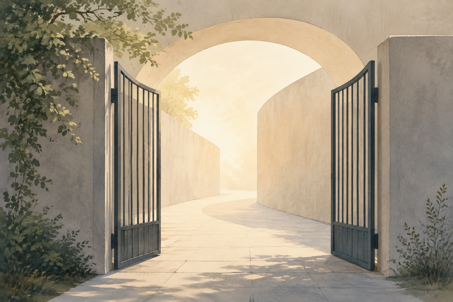 A quiet open gate leads into a softly illuminated abstract passage without people or signage.