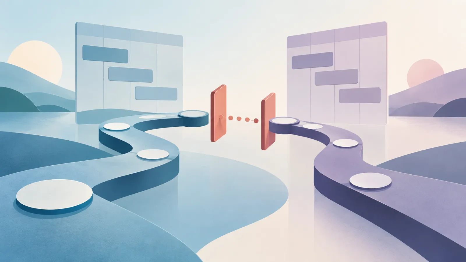 Abstract service-access pathway with a paused connection point and separated schedule blocks, without naming an institution or deadline.