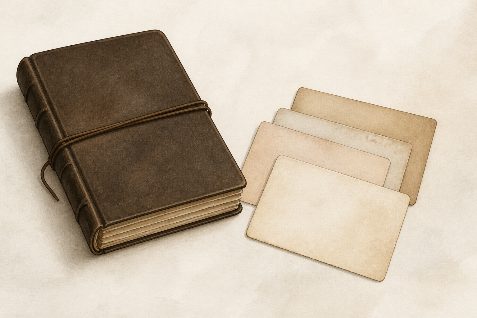 An unmarked bound journal beside four softly aligned archival cards on a calm paper-toned surface.