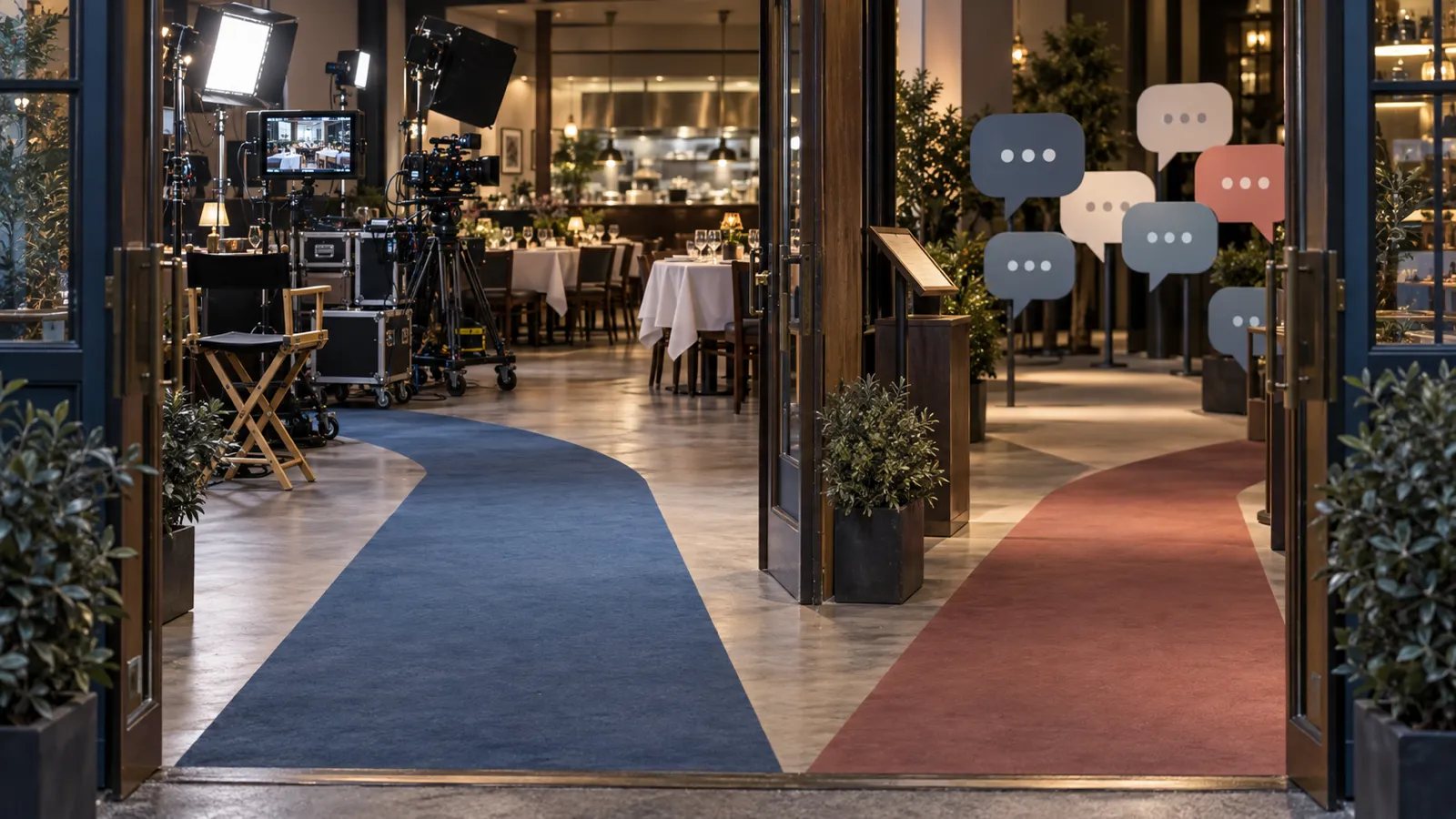 A restaurant filming setting with separated production and public-reaction paths, representing the producers' attributed denial without asserting an adjudicated result.