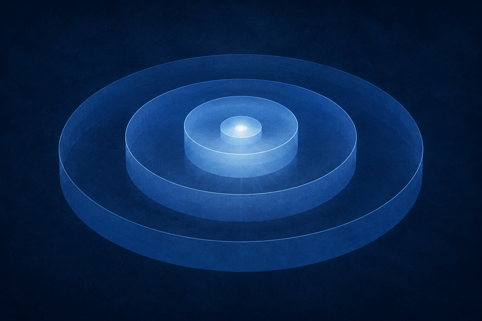 Three abstract access layers widen outward from a small central glow on a dark blue field.