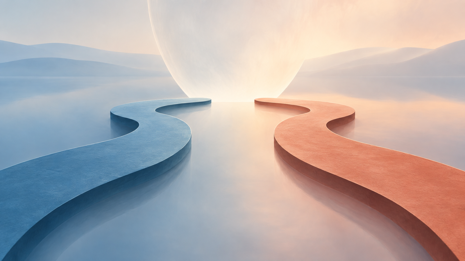 Two abstract paths pause before a boundary, representing a titled relationship discussion without people or social statistics.