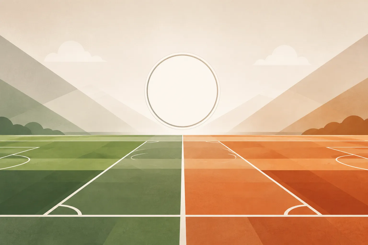 Two abstract field panels face one another across a neutral horizon with a blank circular time marker.