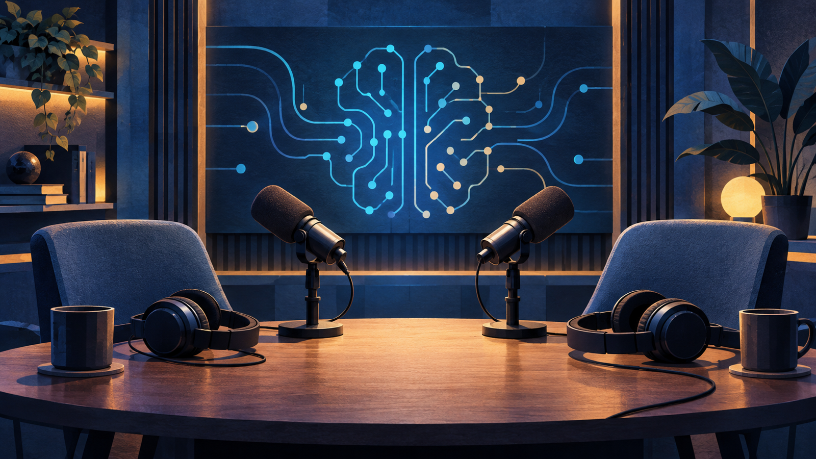 Two empty microphones and headphones sit in a studio beside an abstract circuit glow.