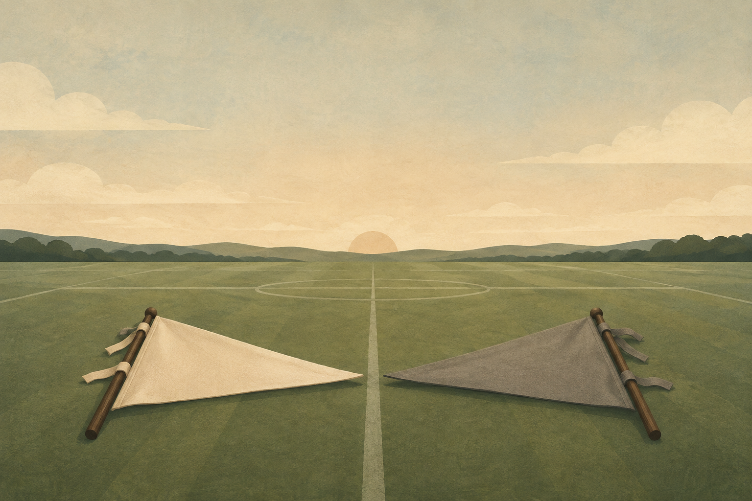 Two unmarked opposing field pennants rest beneath a single settled horizon line in a completed-game tableau.