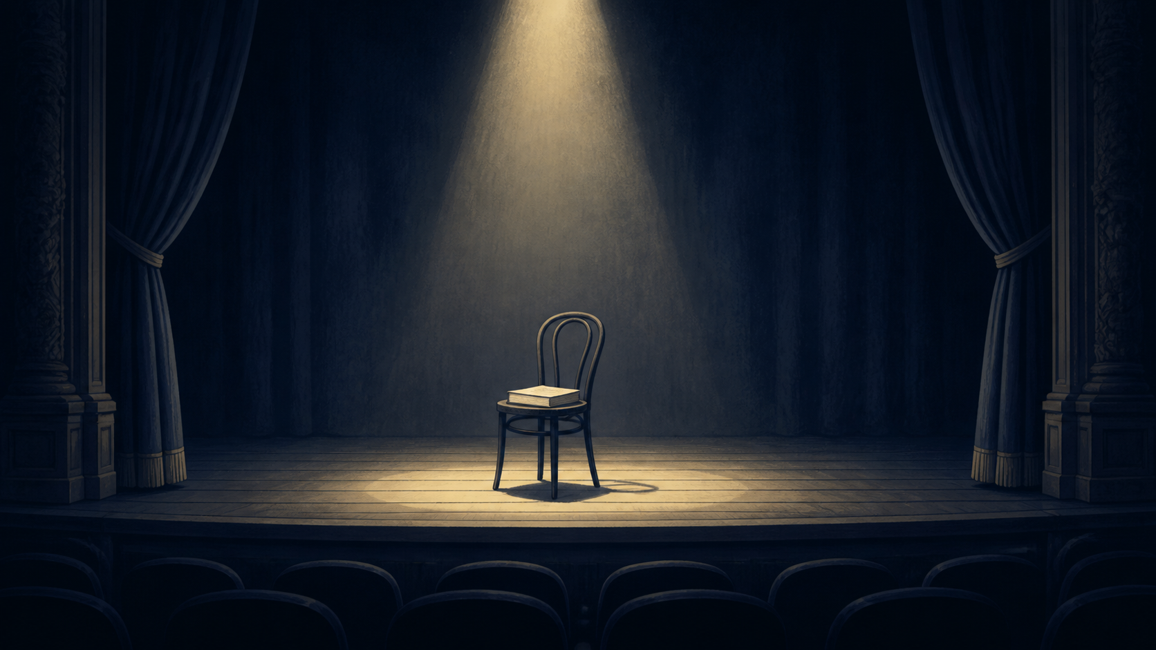 A theater curtain, a single empty stage light, and a film reel rendered as a quiet editorial illustration.