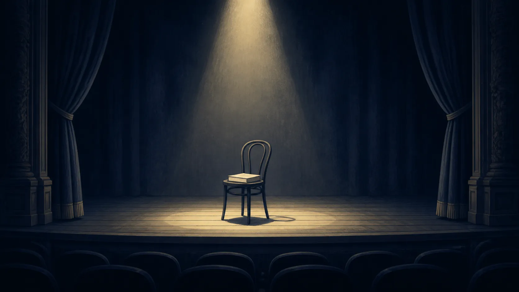A theater curtain, a single empty stage light, and a film reel rendered as a quiet editorial illustration.