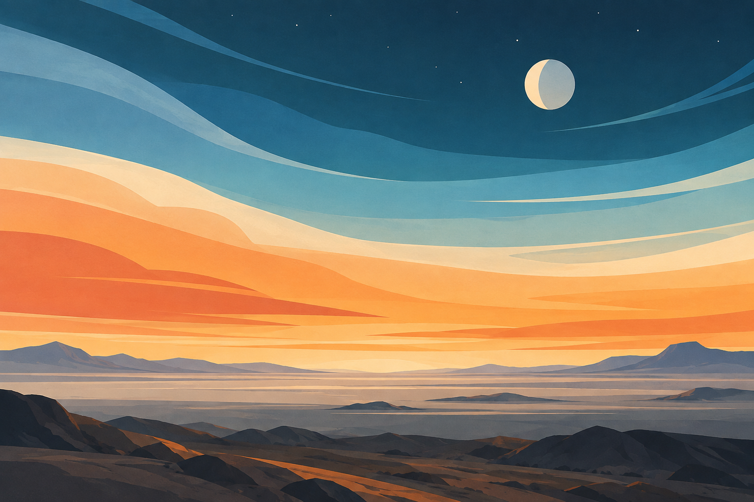 Layered warm and cool atmospheric bands above a neutral horizon and an abstract observation disc.