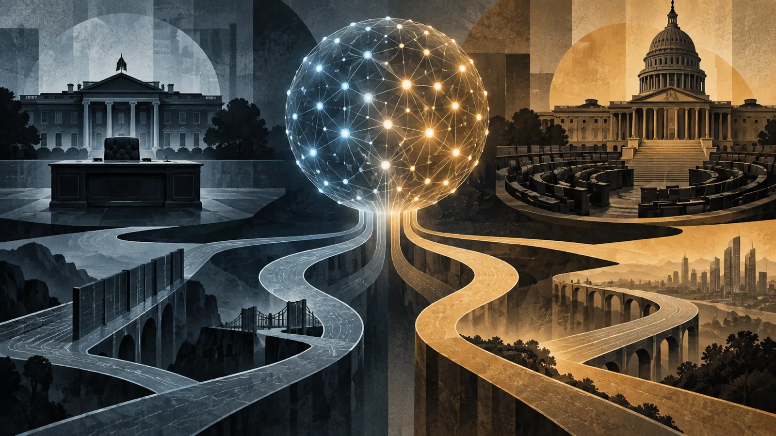 An abstract AI network sits between executive and legislative symbols with diverging technology paths.
