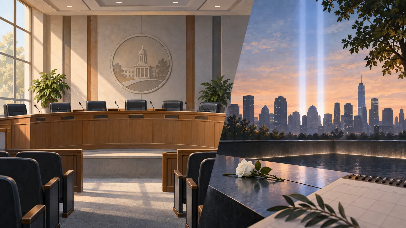 A civic council chamber beside a memorial calendar motif, representing the two topics described by the radio program.
