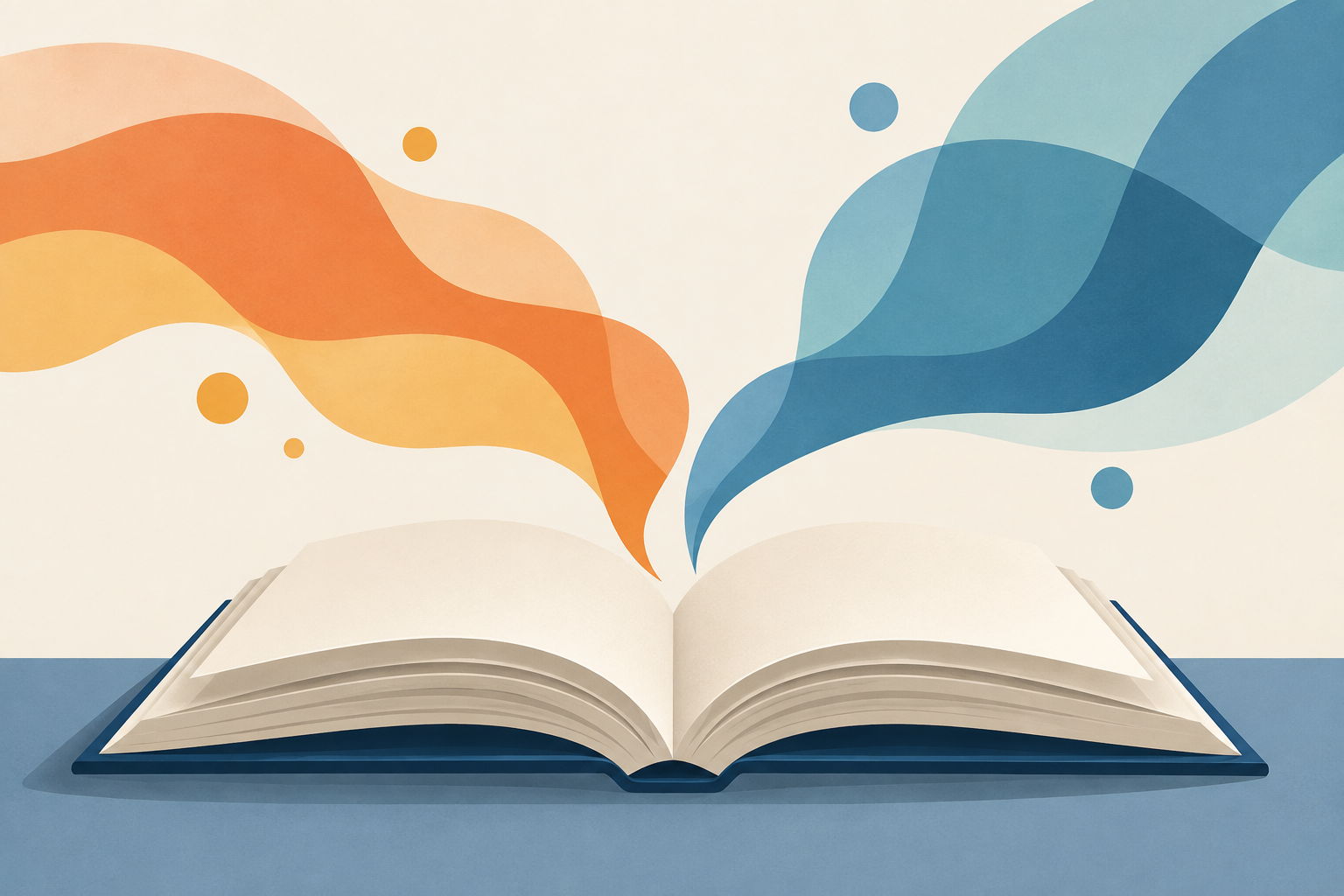 An open unmarked book with two soft abstract conversation waves above the pages.