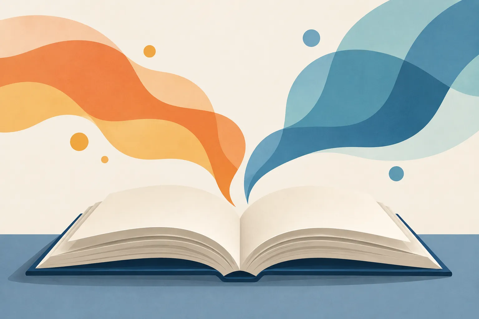 An open unmarked book with two soft abstract conversation waves above the pages.