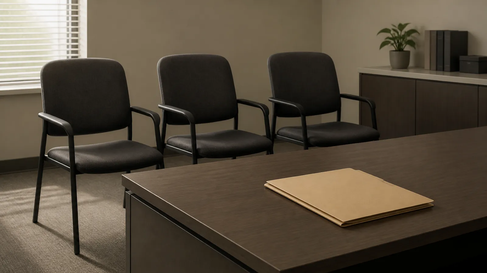 Three empty chairs in a neutral office beside a desk with a closed unmarked folder, representing three employees on administrative leave during a pending review.