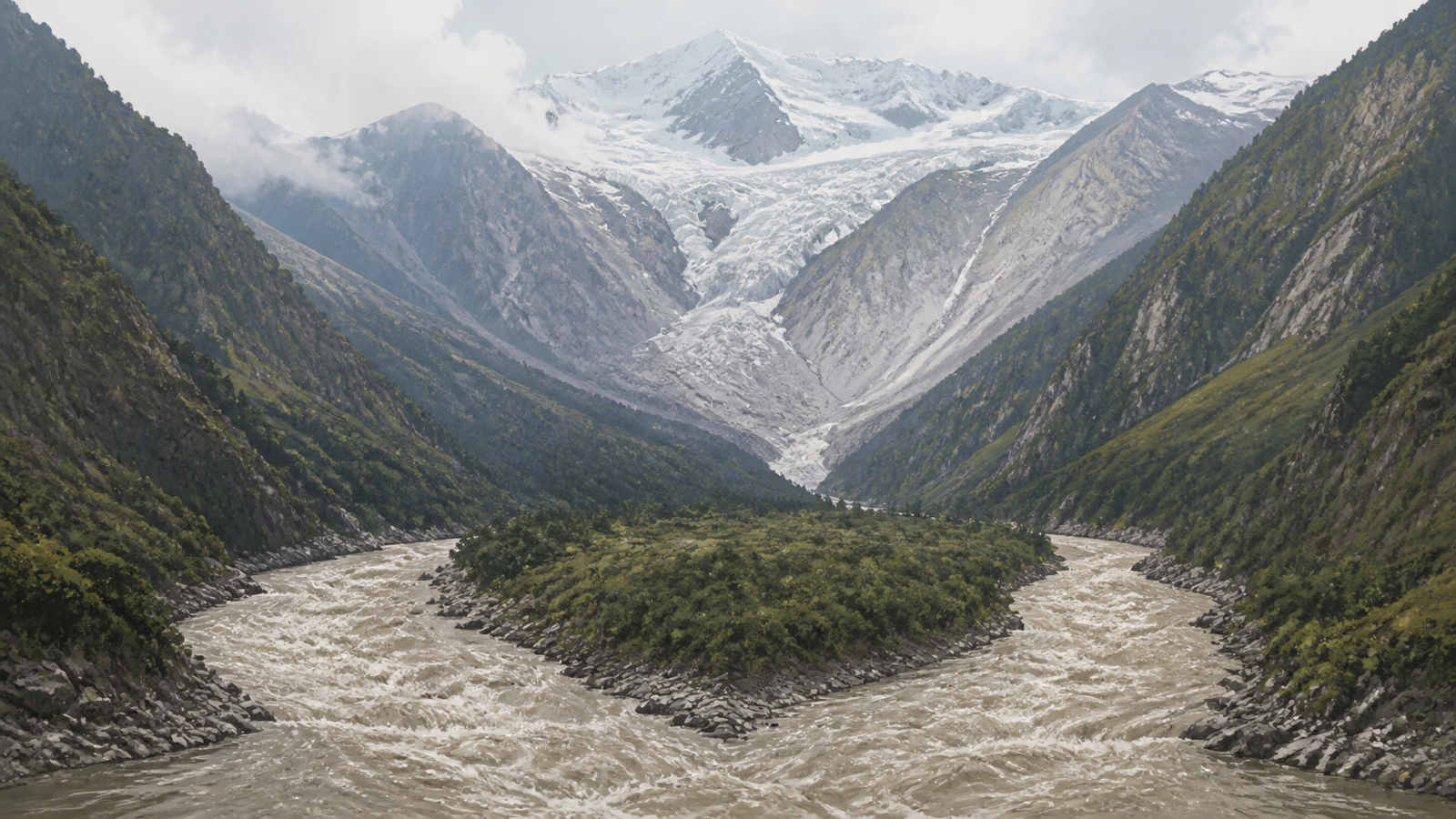 A high mountain valley with an ice-and-rock slope above two river courses carrying floodwater, representing the Nepal flood and an investigation into its suspected trigger.