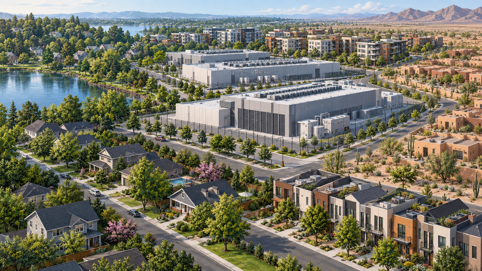 Neighborhood cross-section showing data-center forms beside residential blocks with varied visual conditions, representing effects that differ by local market without assigning a universal outcome.