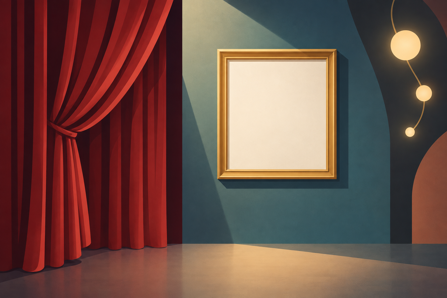 An unmarked stage curtain, blank gallery frame, and small abstract festival-light shape.