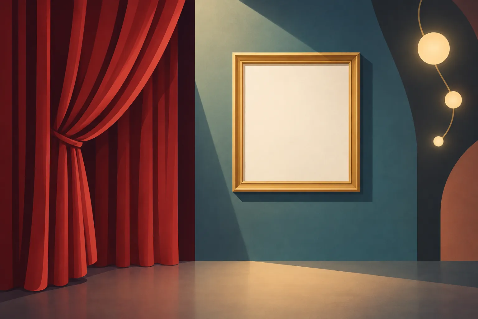 An unmarked stage curtain, blank gallery frame, and small abstract festival-light shape.