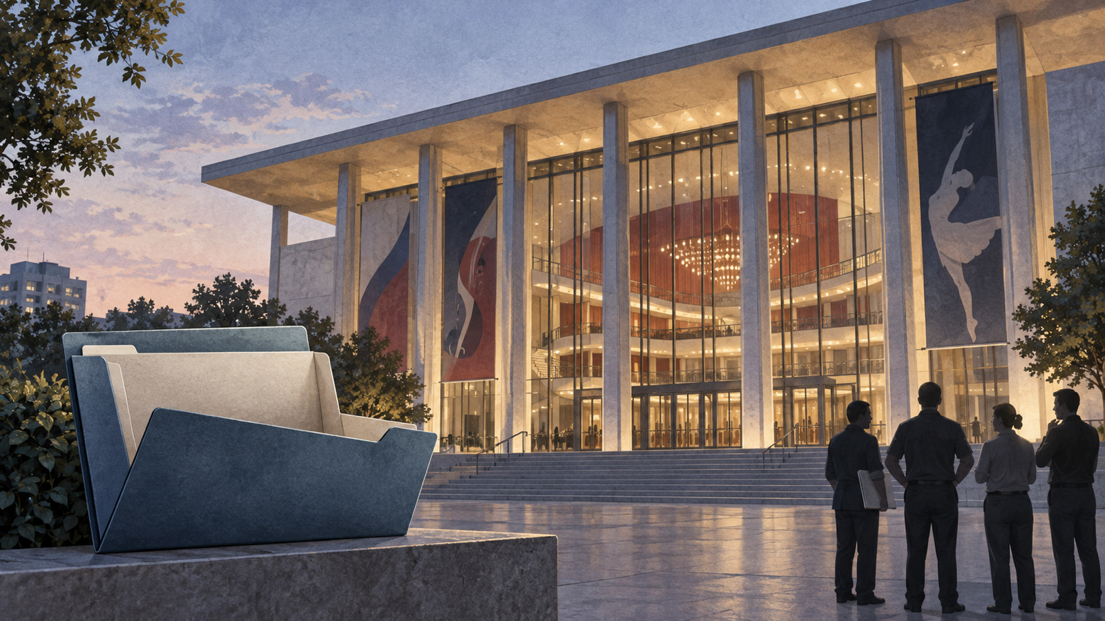 A performing-arts center exterior with a restrained financial-warning metaphor, representing the institution's attributed statement without implying a court finding.