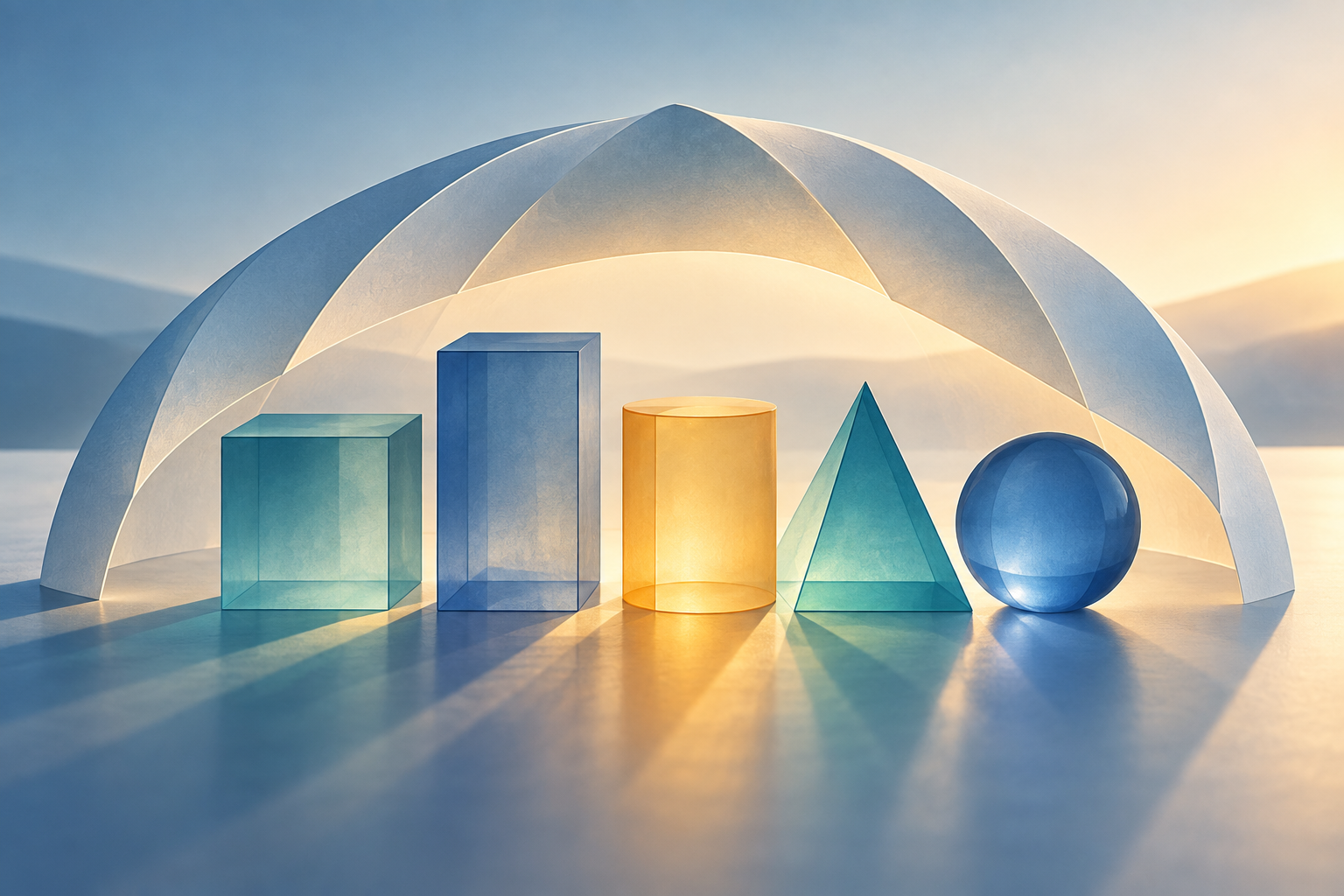 Separate translucent blocks beneath a shared arch, symbolizing common oversight without depicting a real AI system.