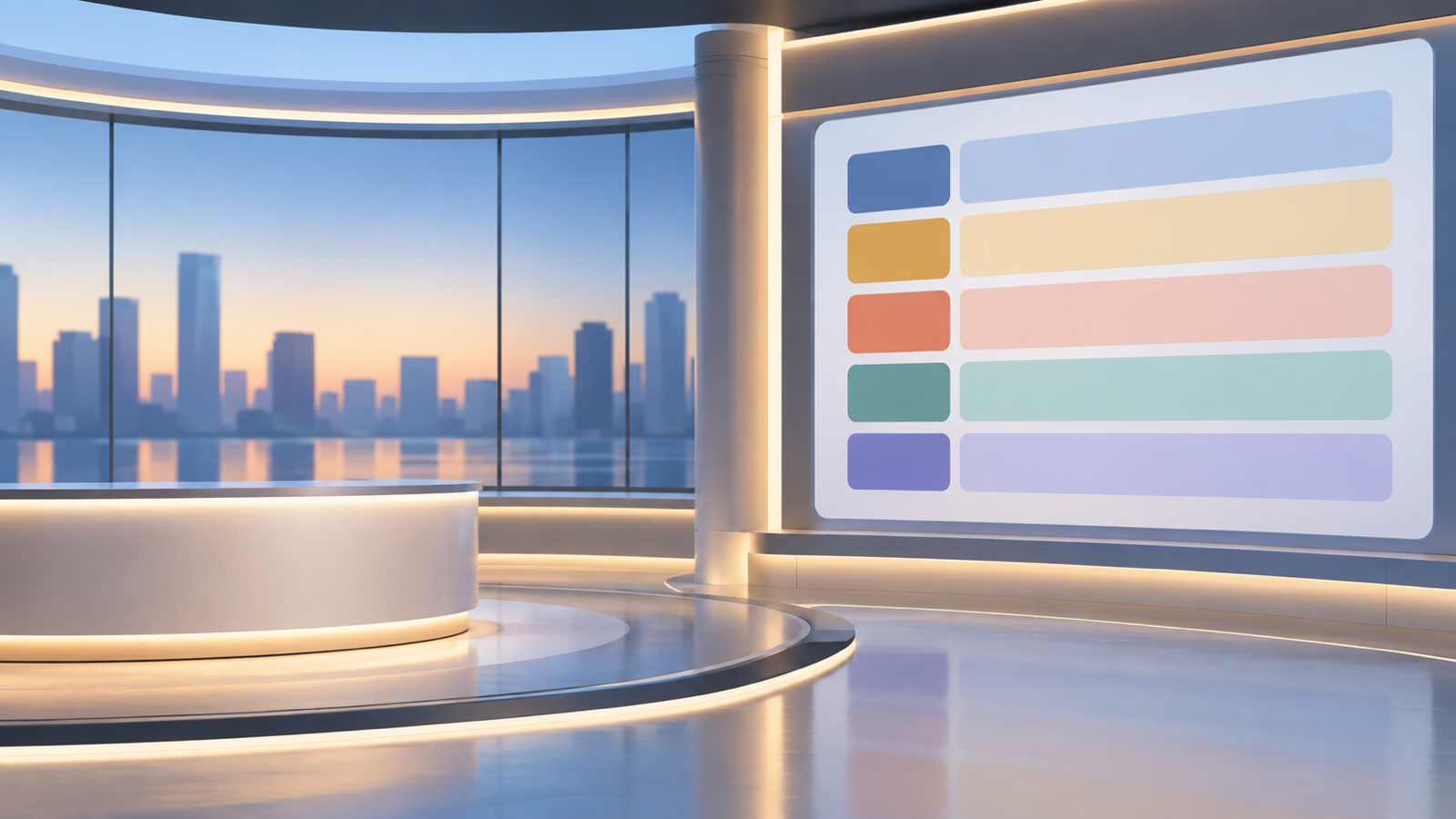 Abstract broadcast-studio geometry with a dated program slot, without a host, segment, event, or audience claim.