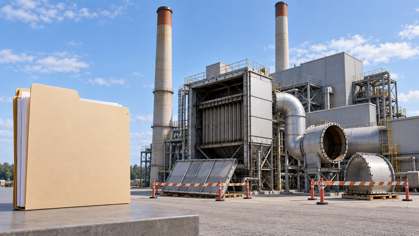 A power plant beside an official regulatory document folder and changed emission-control markers, representing the EPA record.