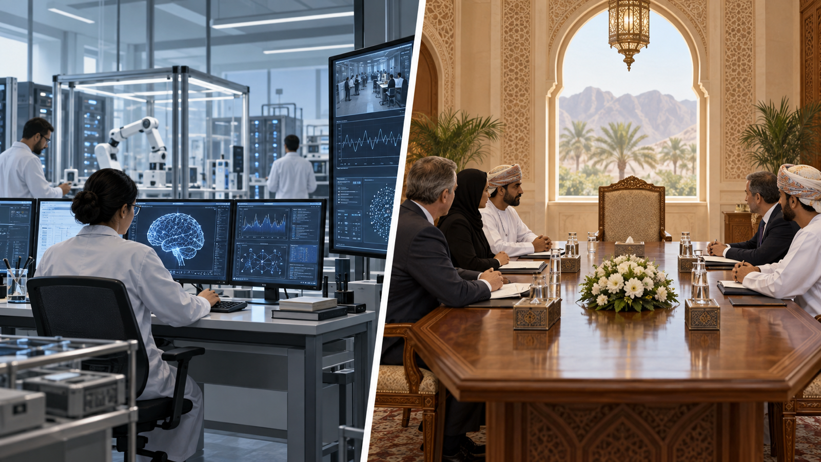 An AI research setting and a postponed diplomatic meeting room shown as separate visual halves, representing the report's two attributed developments.