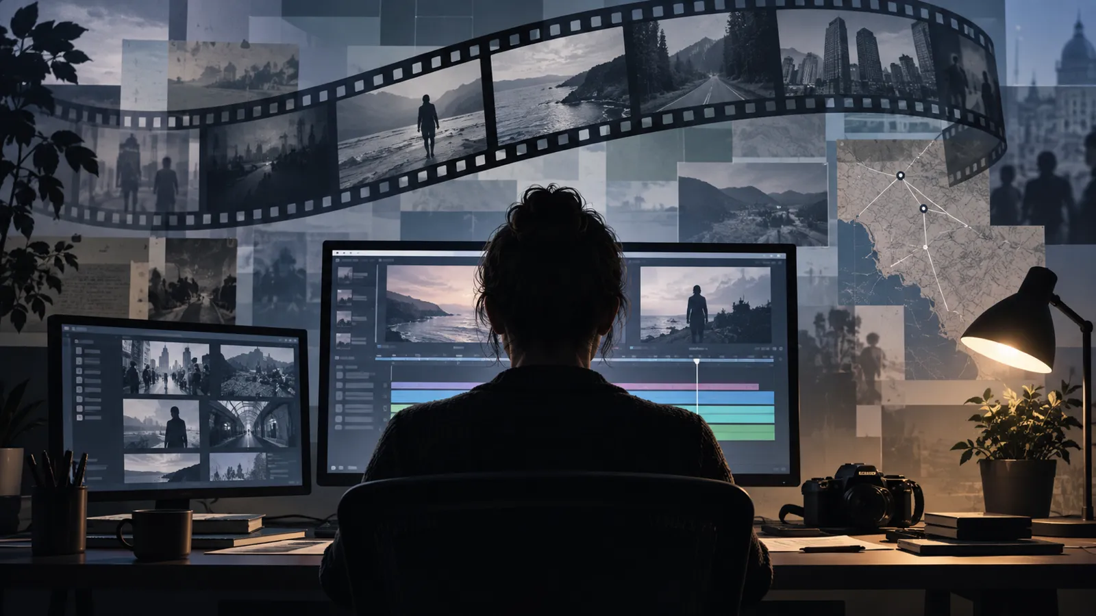 Abstract documentary editing workspace with layered film forms and a neutral rear-view silhouette, representing a reported examination without depicting a named person or allegation.