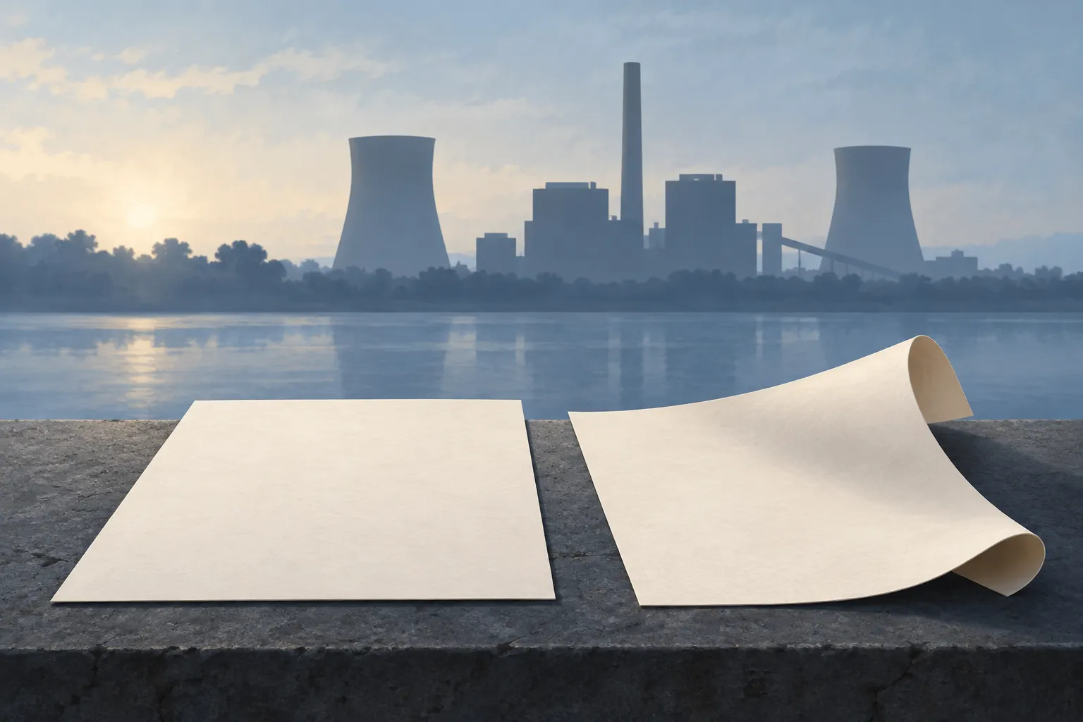 Two blank sheets in different positions before a generic industrial silhouette, a symbolic distinction between final and proposed rules.