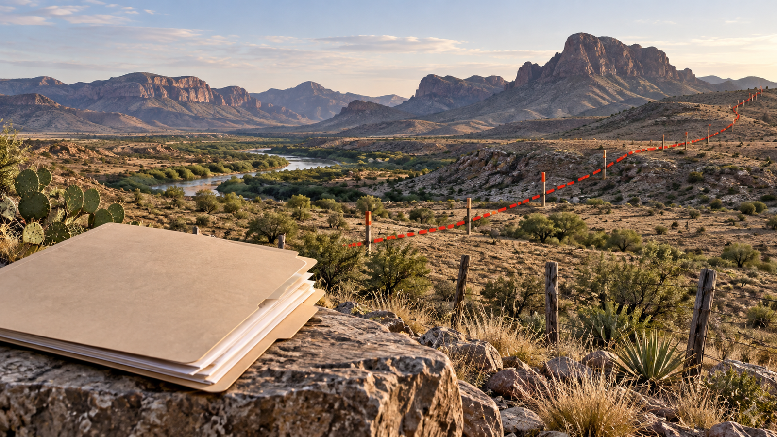 Big Bend ranchland beside a federal courthouse folder and a proposed barrier line, representing a reported lawsuit rather than a court ruling.