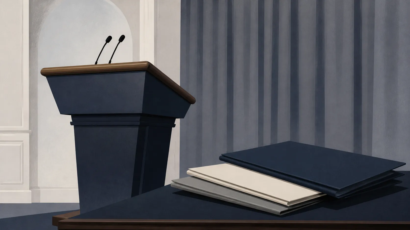 A simplified government briefing lectern, empty press chairs, and a small unfilled nameplate in an editorial illustration.