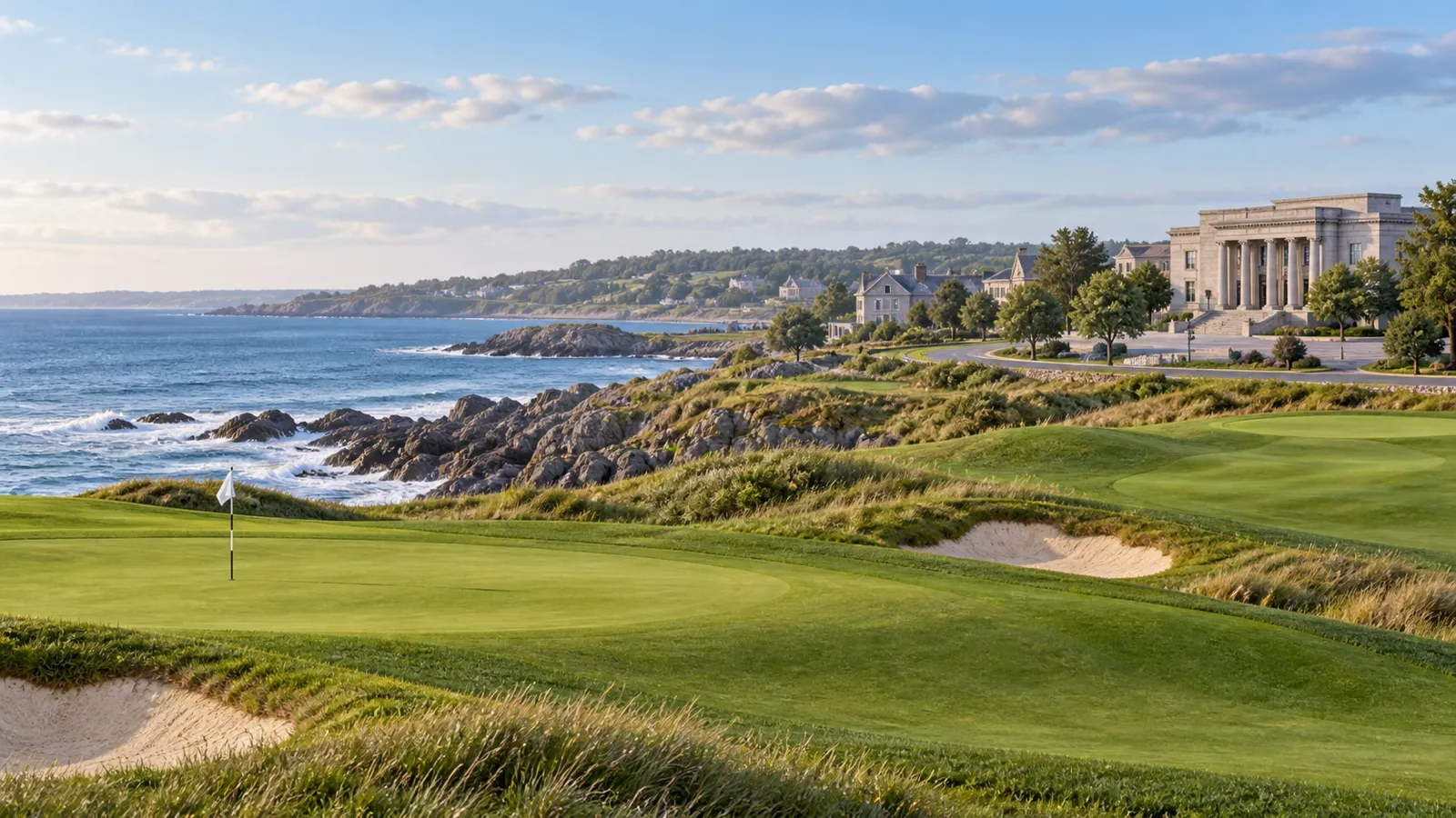 Empty coastal golf course leading toward a neutral civic meeting exterior, representing the reported Ireland trip, golf stop, and diplomatic engagements without depicting a named person.