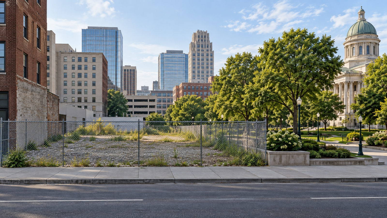 Downtown Seattle street scene with a fenced undeveloped block beside civic-park landscaping, representing the reported City Hall Pit and nearby planning context without asserting ownership or cause.