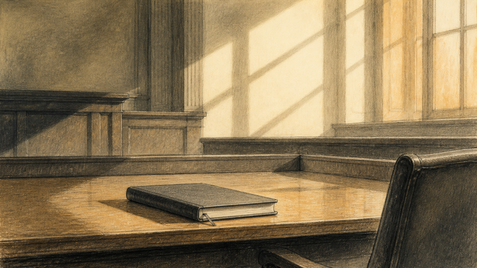 A courthouse façade, a closed folder, and a calendar marker rendered as a restrained editorial illustration.