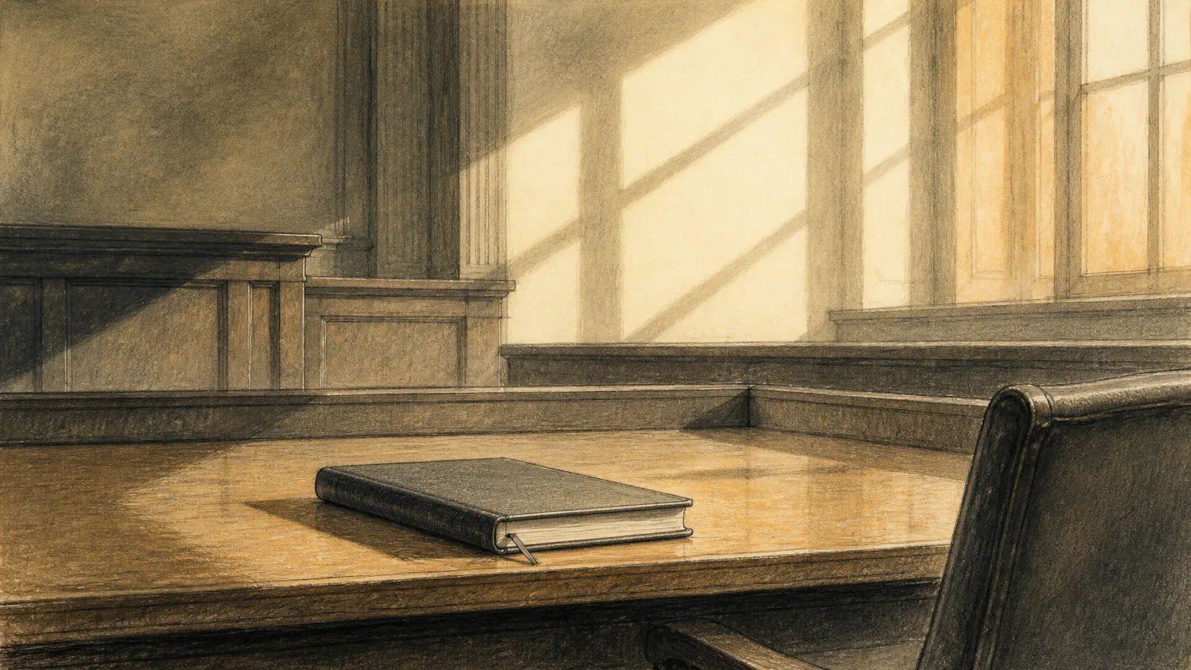 A courthouse façade, a closed folder, and a calendar marker rendered as a restrained editorial illustration.