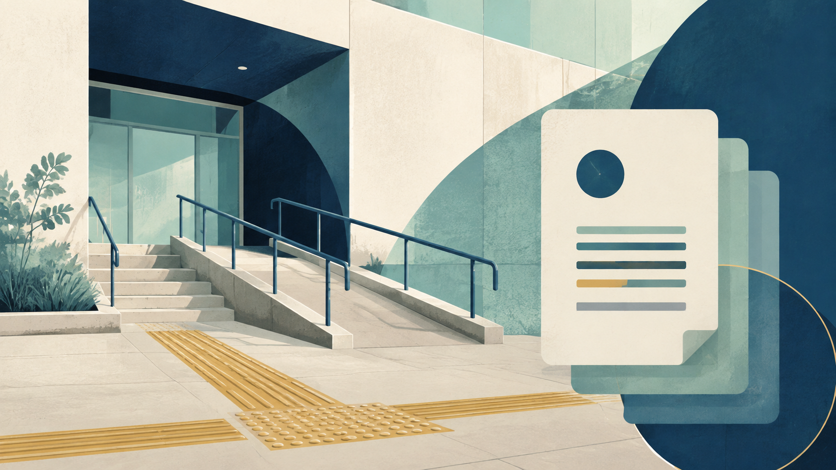 Editorial illustration of accessible public-service documents, clear pathways, and assistive tools.