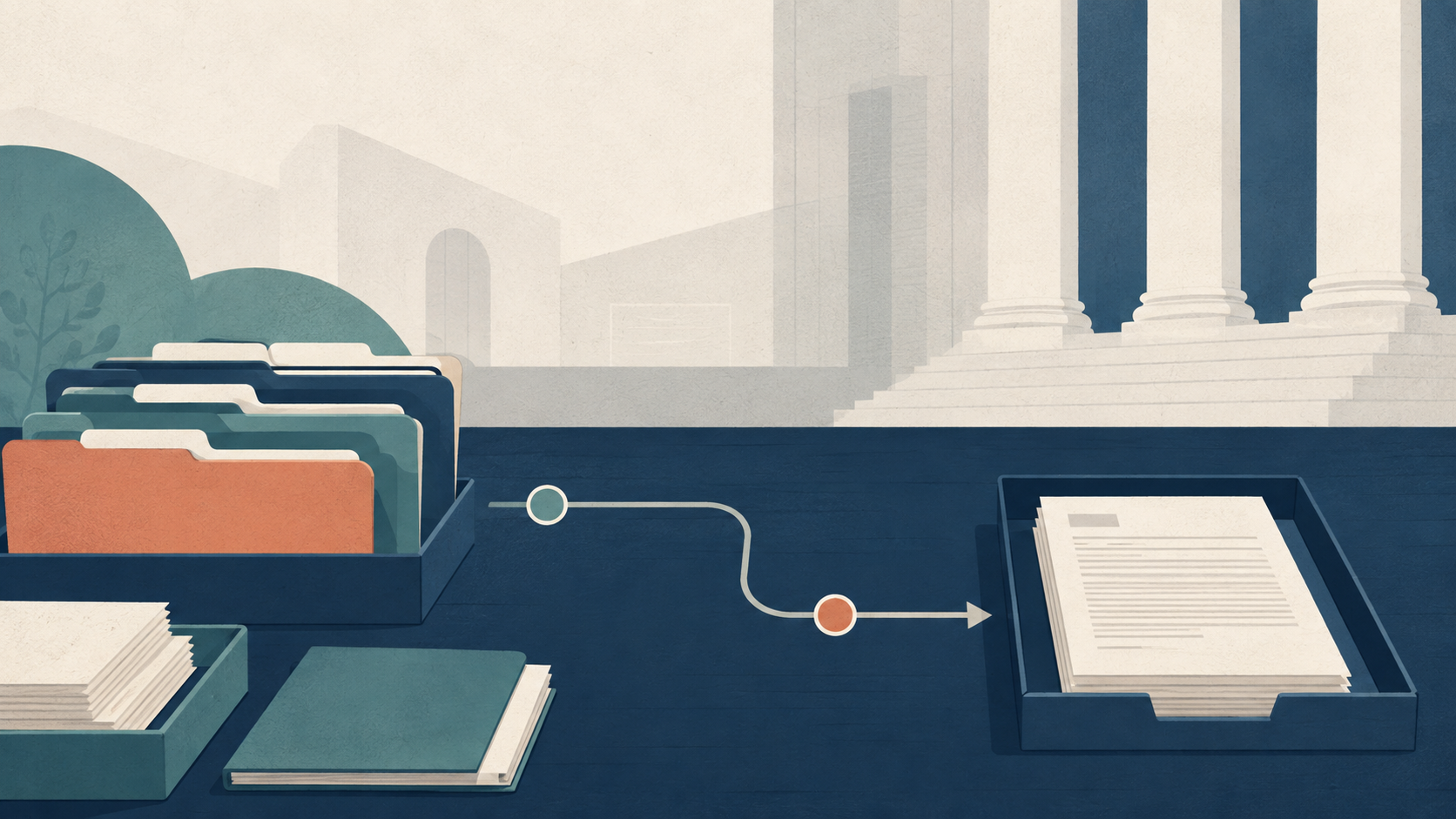 Editorial illustration of court filings, civil records, and an organized public-records desk.
