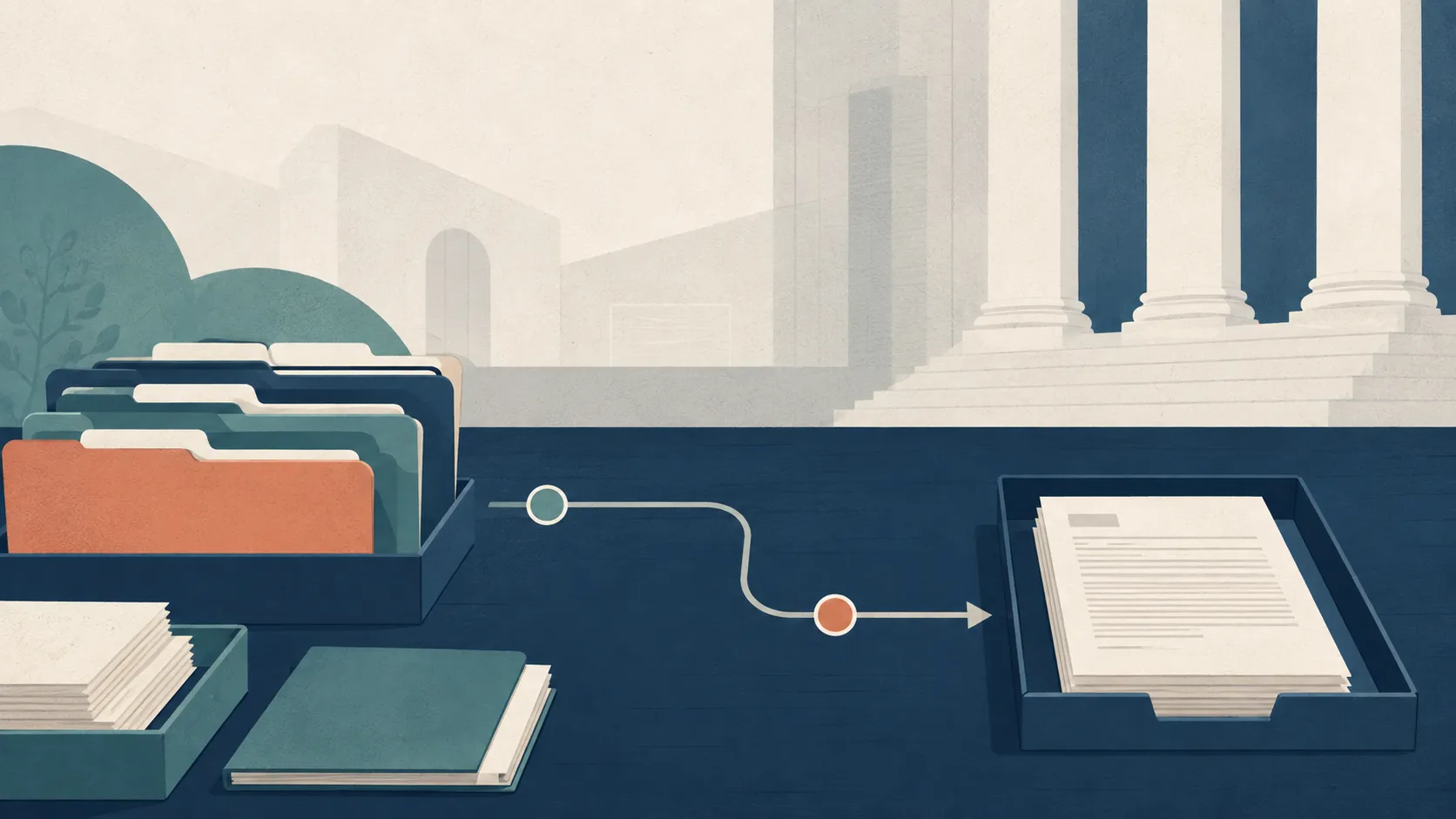 Editorial illustration of court filings, civil records, and an organized public-records desk.