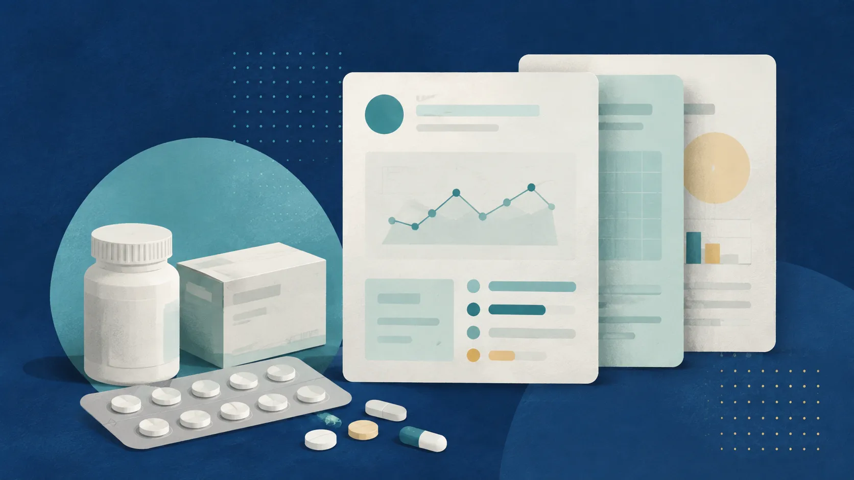 Editorial illustration of medicine labels, device instructions, and a carefully organized information sheet.