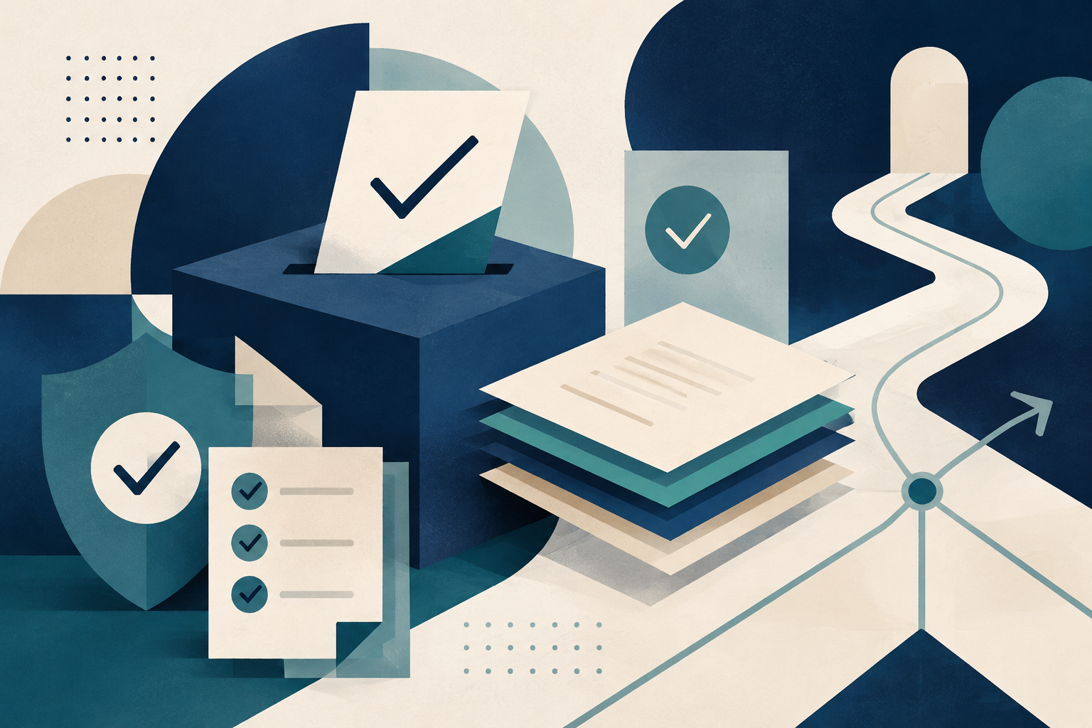 Editorial illustration of voting materials, an election calendar, and a public information guide.