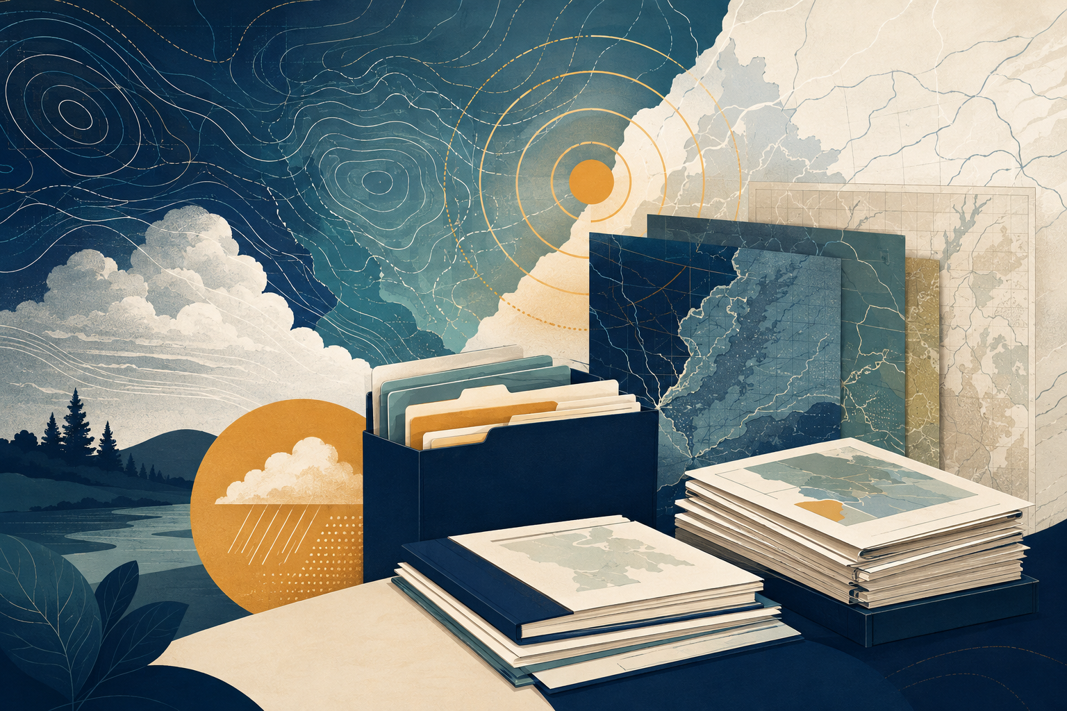 Editorial illustration of weather alerts, an emergency map, and a preparedness checklist.